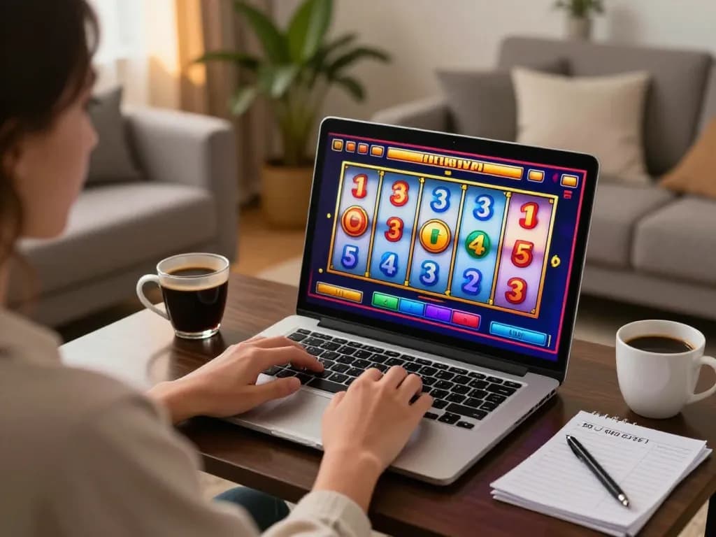 Spinadvisor user playing online slots at home, showcasing a cozy and responsible gaming environment.