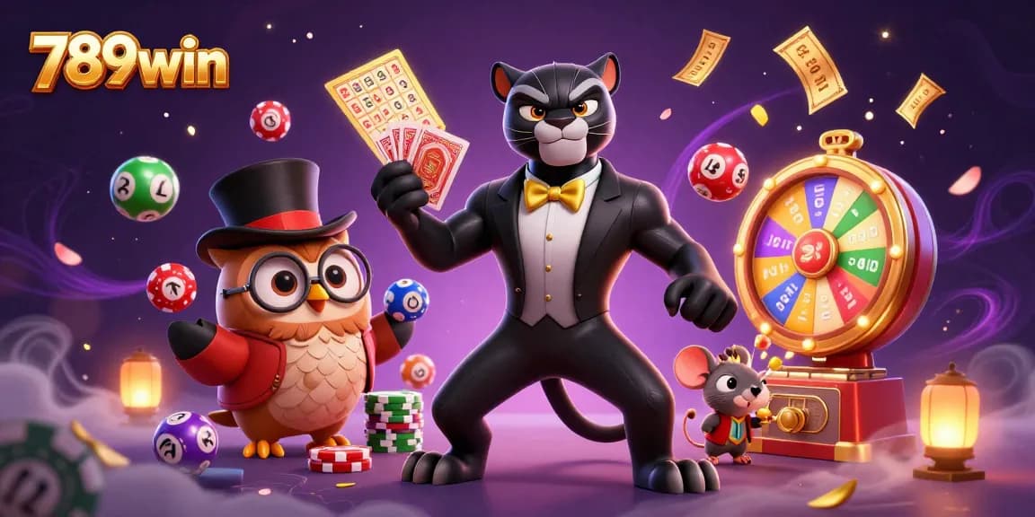 The stylish 789win black panther dealer showcases cards with a spirited owl and a lucky mouse in this vibrant casino scene.
