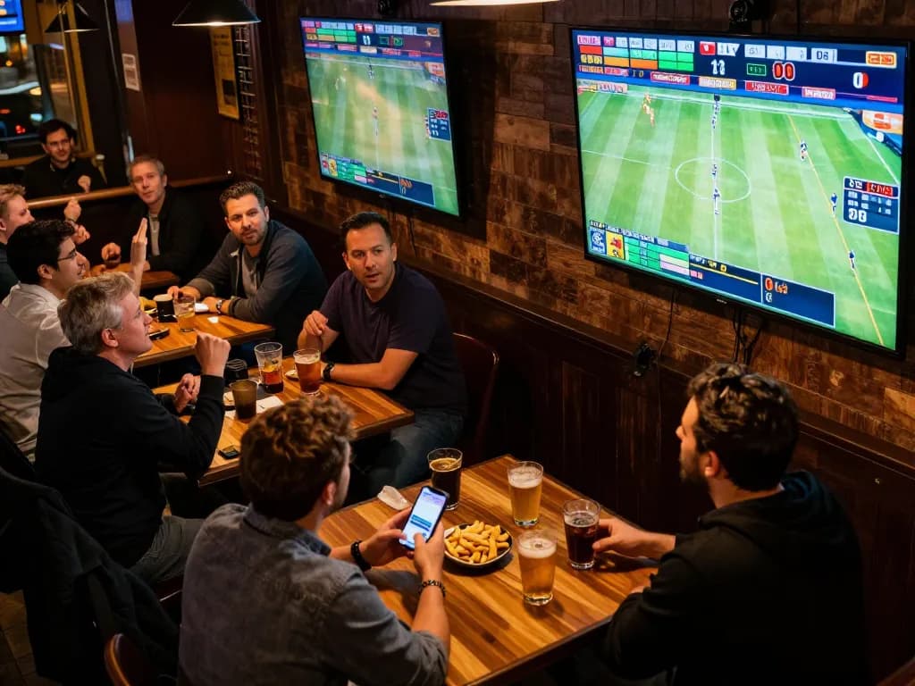 Engaging sports betting scene at 23win com, where patrons celebrate winning bets while enjoying live games.