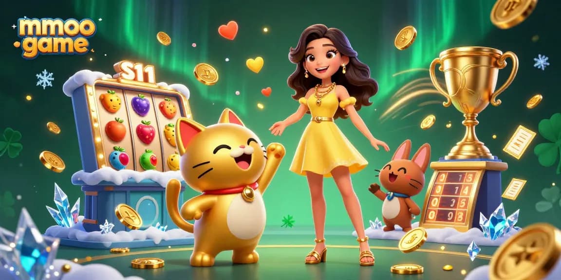 Engage in the thrilling mmoo game with a vibrant portrayal of luck and joy, showcasing exciting gaming elements.