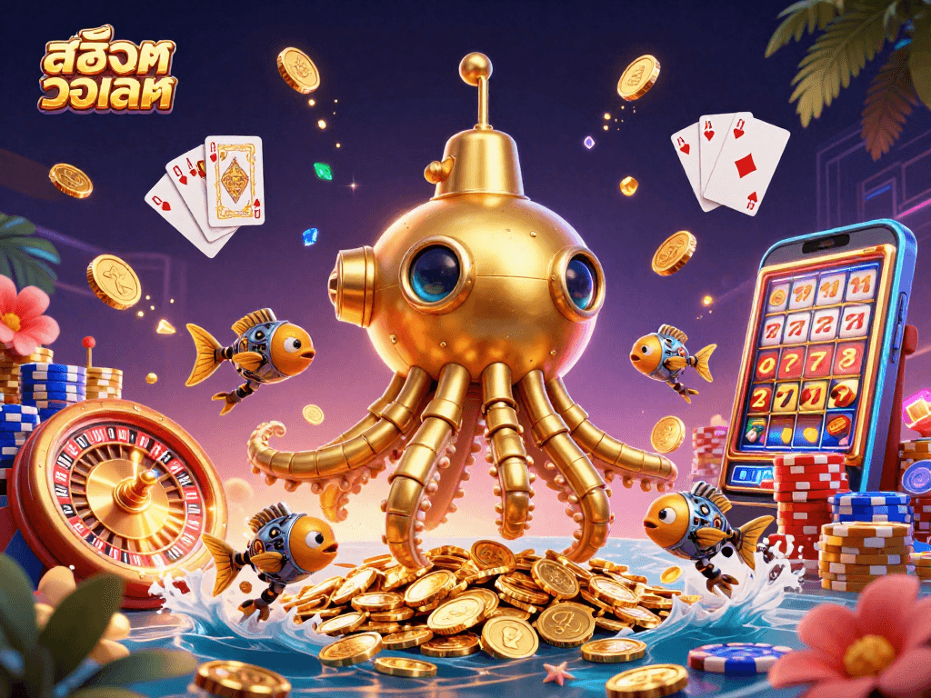 Engage with สล็อตวอเลท in a stunning 3D casino illustration filled with golden coins and vibrant game elements.
