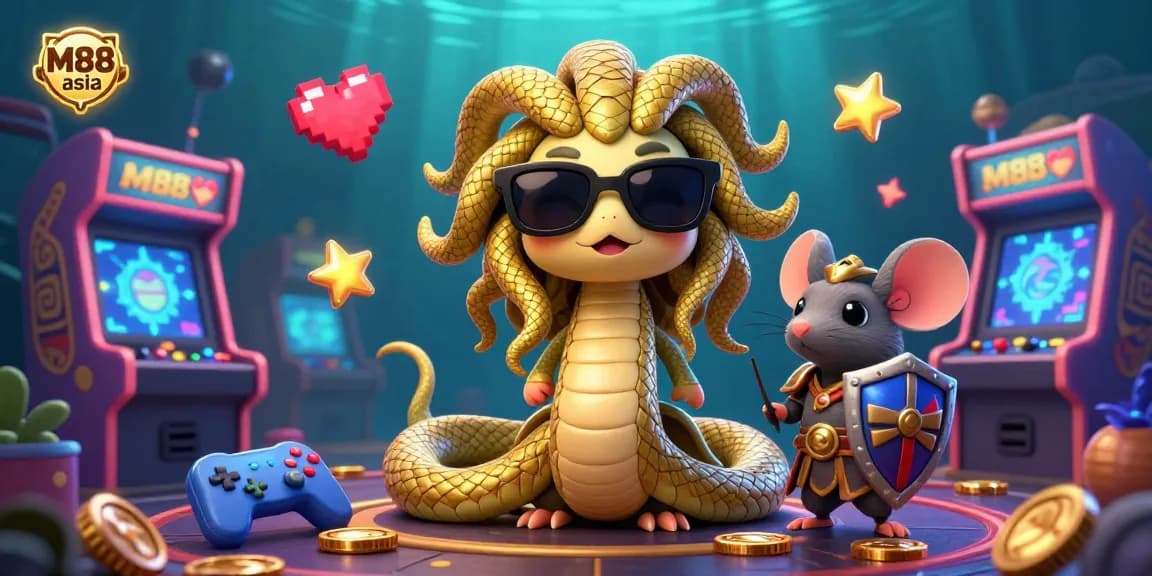 M88 asia brings lively gaming excitement with a friendly Medusa and a warrior mouse among colorful arcade games.