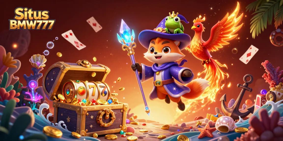 Situs BMW777 illustration showcases enchanting wizard, phoenix, and frog among slot reels, treasure and magical gems.