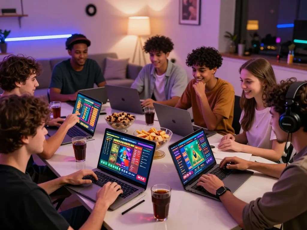 Friends enjoying the Onbet app for sports betting in a cozy gaming setting.