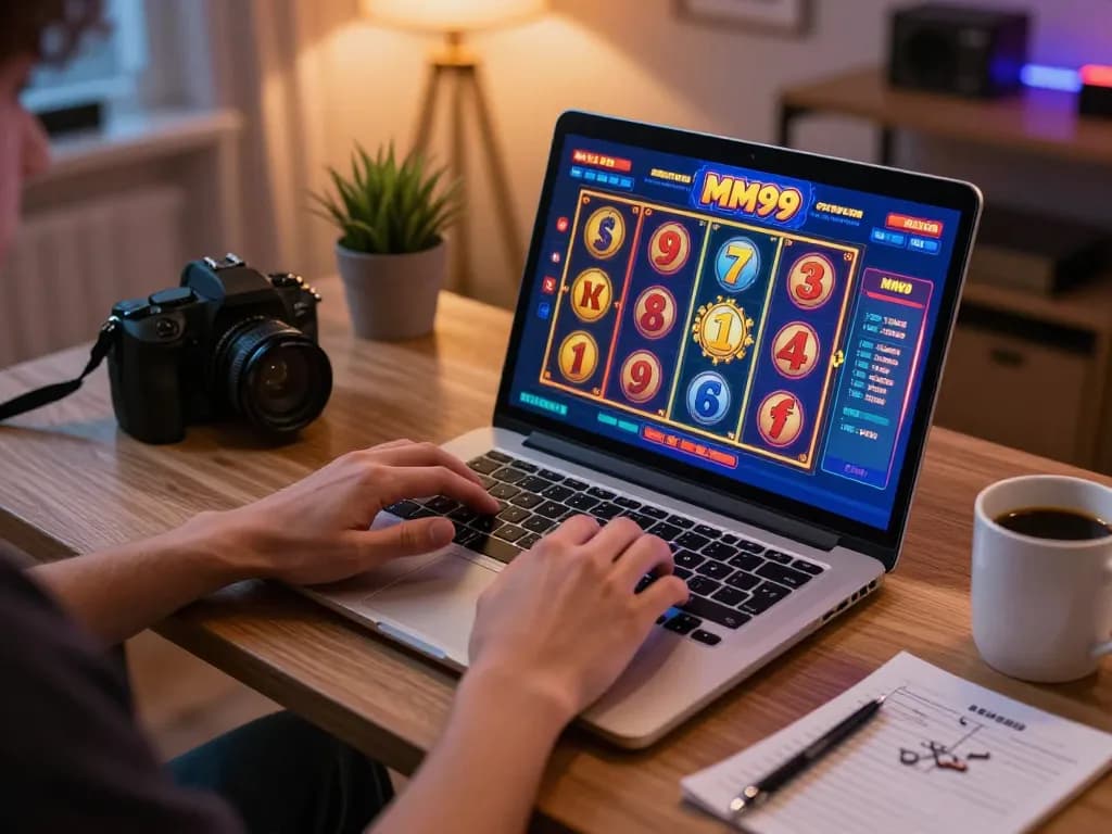 Engaging player focusing on MM99 Slot gameplay interface on a laptop, highlighting the excitement of online gambling.