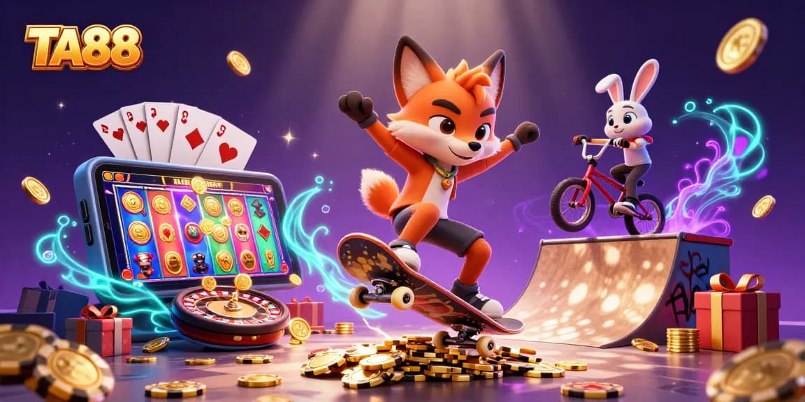 TA88 shines in a vibrant scene with a skateboarder fox, BMX rabbit, and casino-themed graphics.