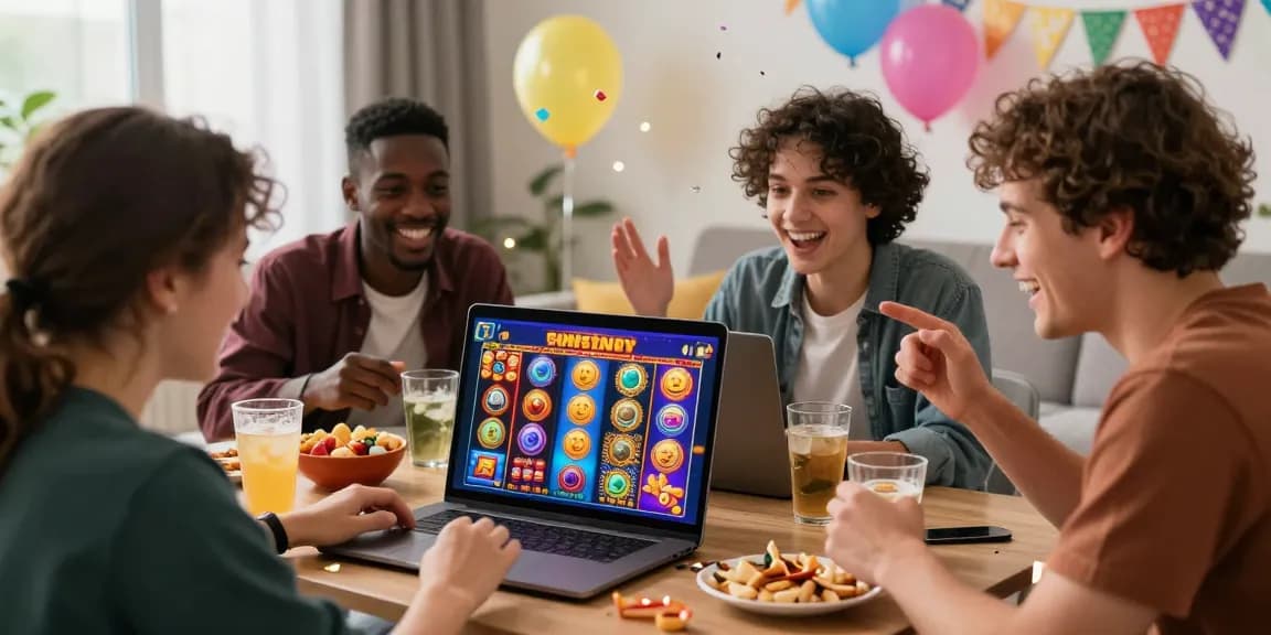 Friends enjoying bonus buy slots game together on a laptop in a festive atmosphere.
