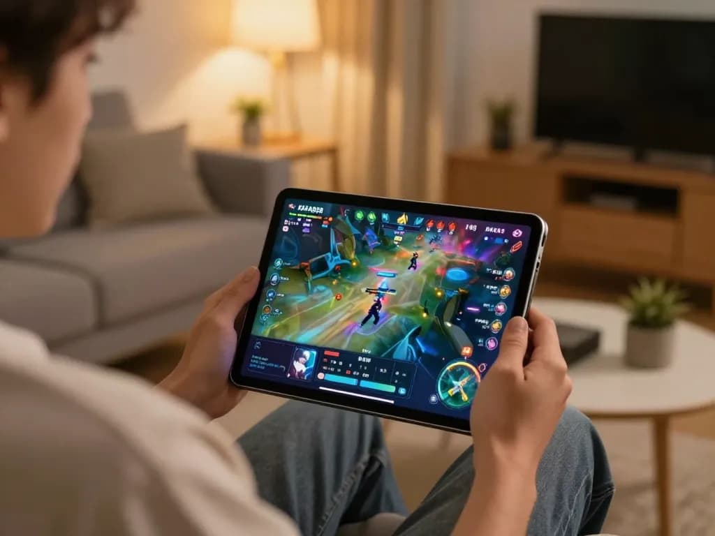 FAFA828 user enjoying online gaming on a tablet in a cozy home setting, reflecting strategic play.