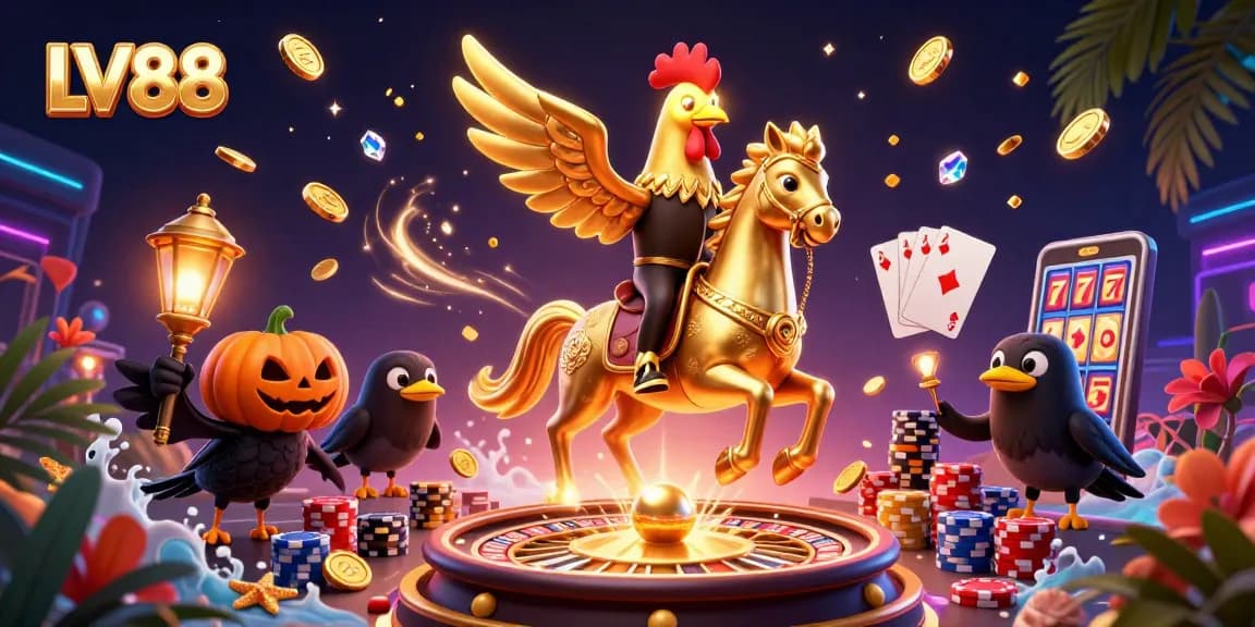 Experience exciting wins with LV88 in a vibrant casino scene featuring golden rooster and tokens.