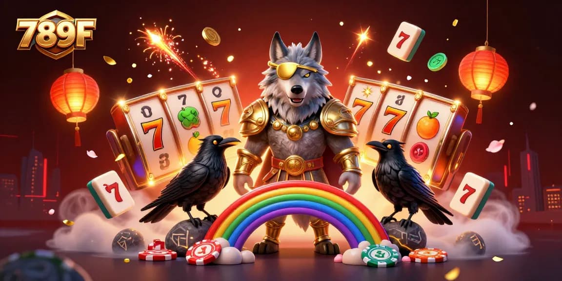 Spin and win with 789F as Odin and his ravens stand amidst a vibrant casino scene.