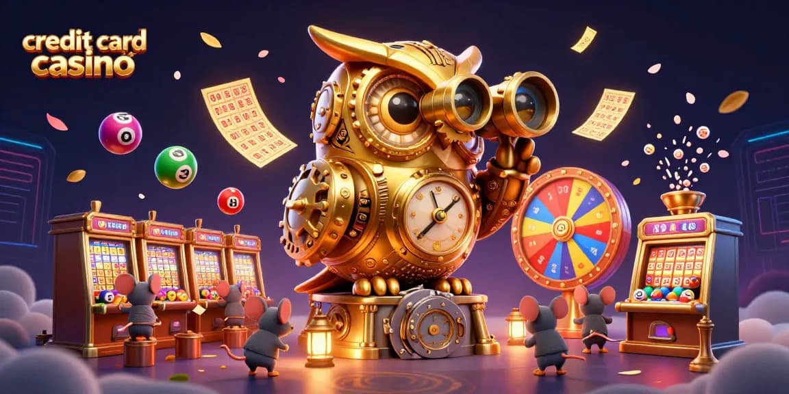 Experience the excitement of a credit card casino where a golden owl oversees vibrant gaming action.