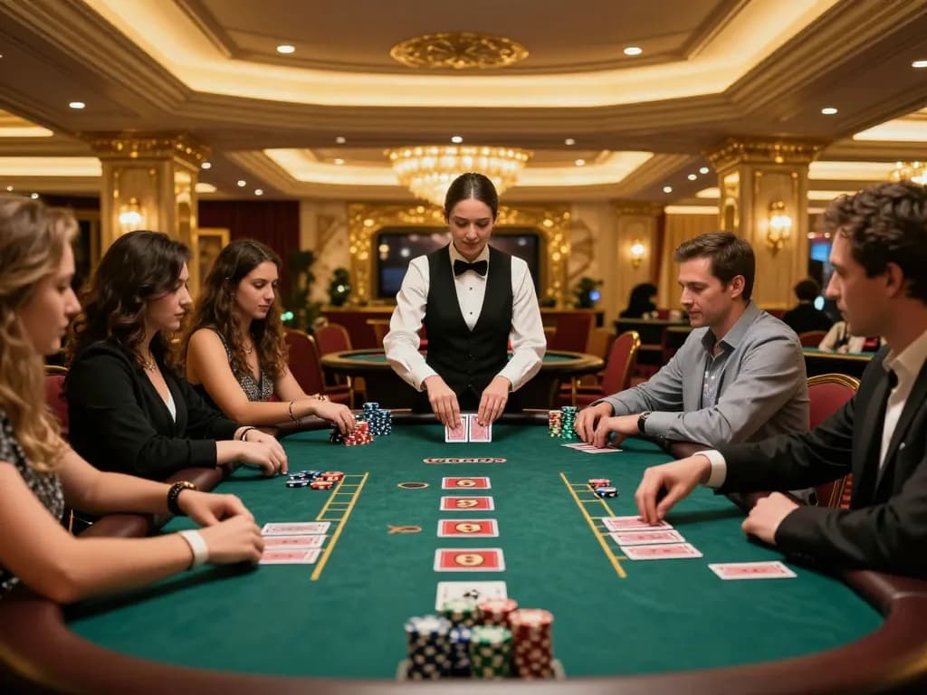 Engaged players at a luckyindex blackjack table in a luxurious casino atmosphere.