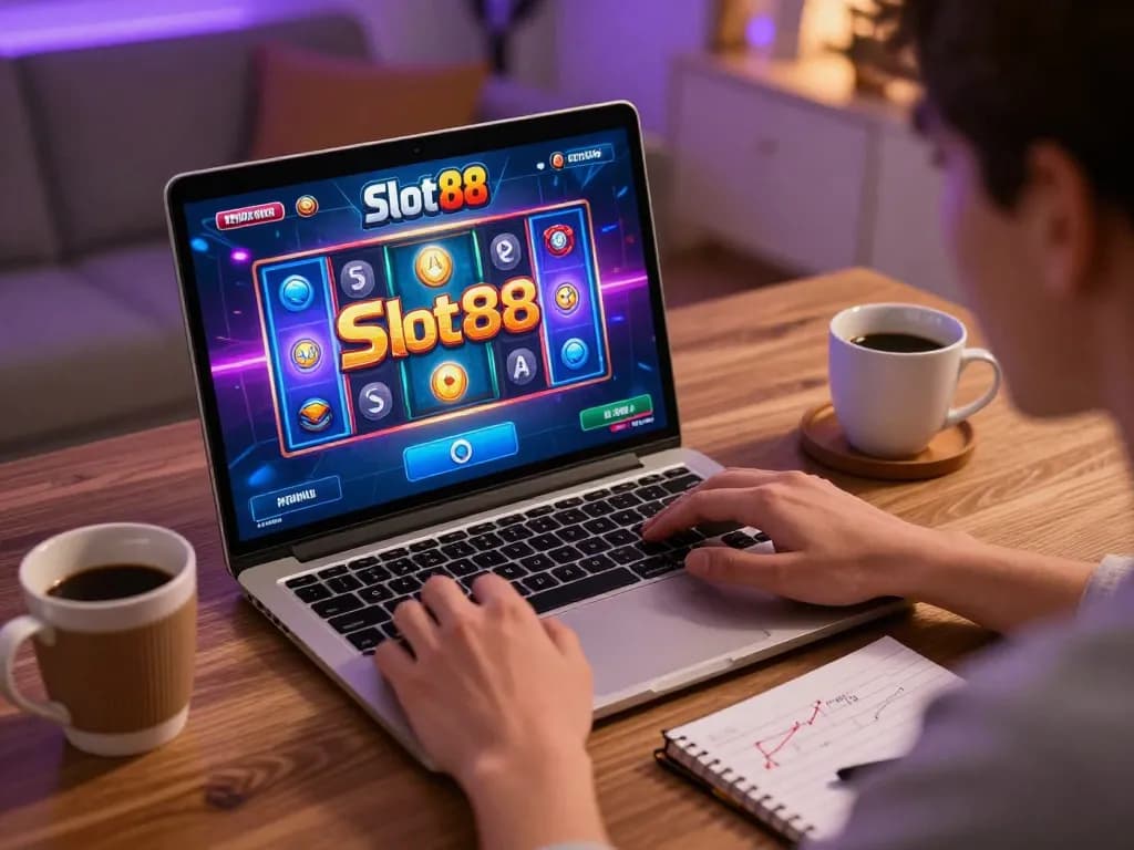 Engaging player enjoying Slot88 online gaming with digital slots display and strategy notes.