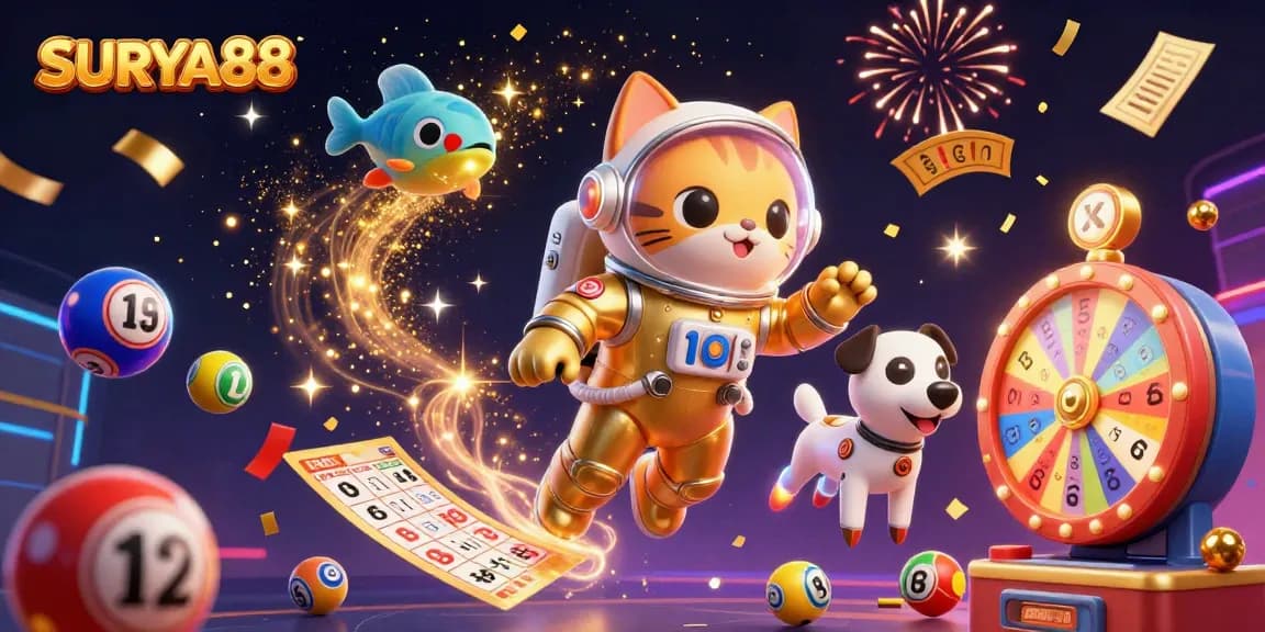 SURYA88 highlights the excitement of lottery games with vibrant elements and a dynamic space theme.