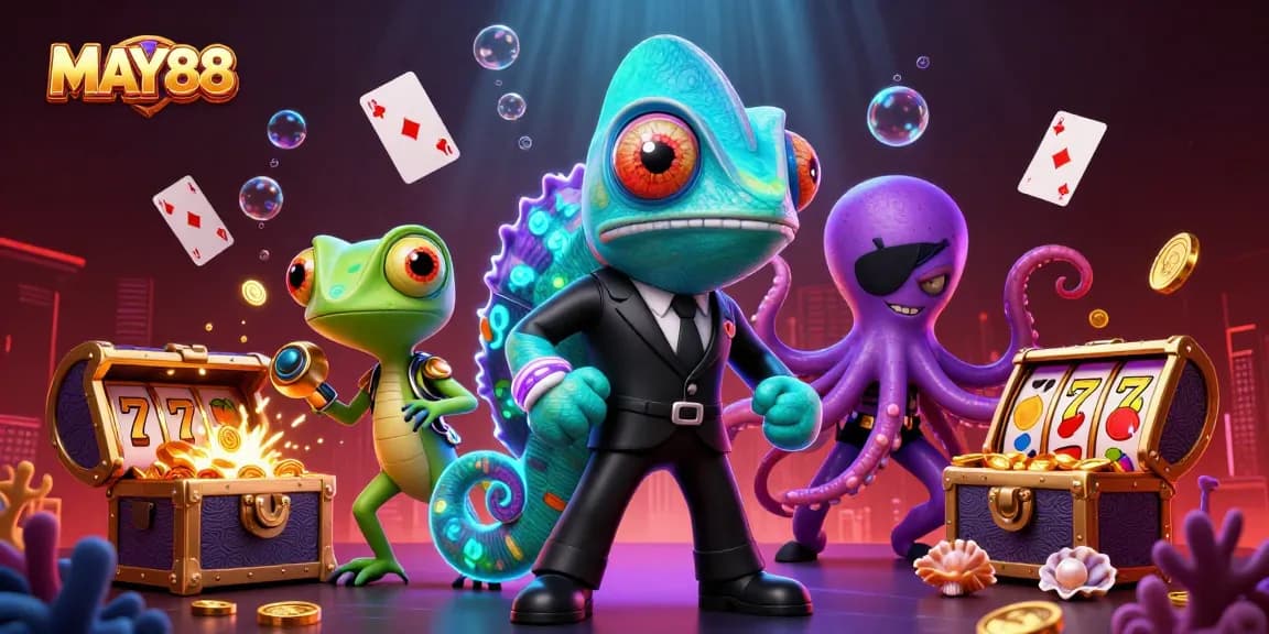 MAY88 engages players with vibrant slots, featuring colorful 3D characters and dazzling casino elements.