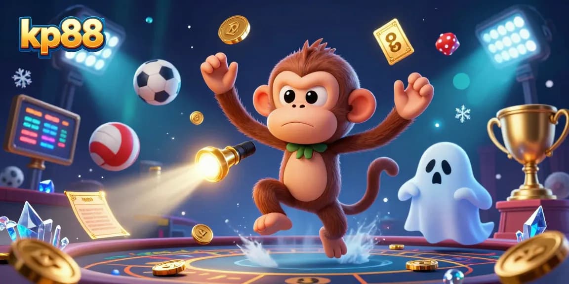 Experience the thrill of kp88 with a playful ghost monkey juggling gold and sports elements in a vibrant casino