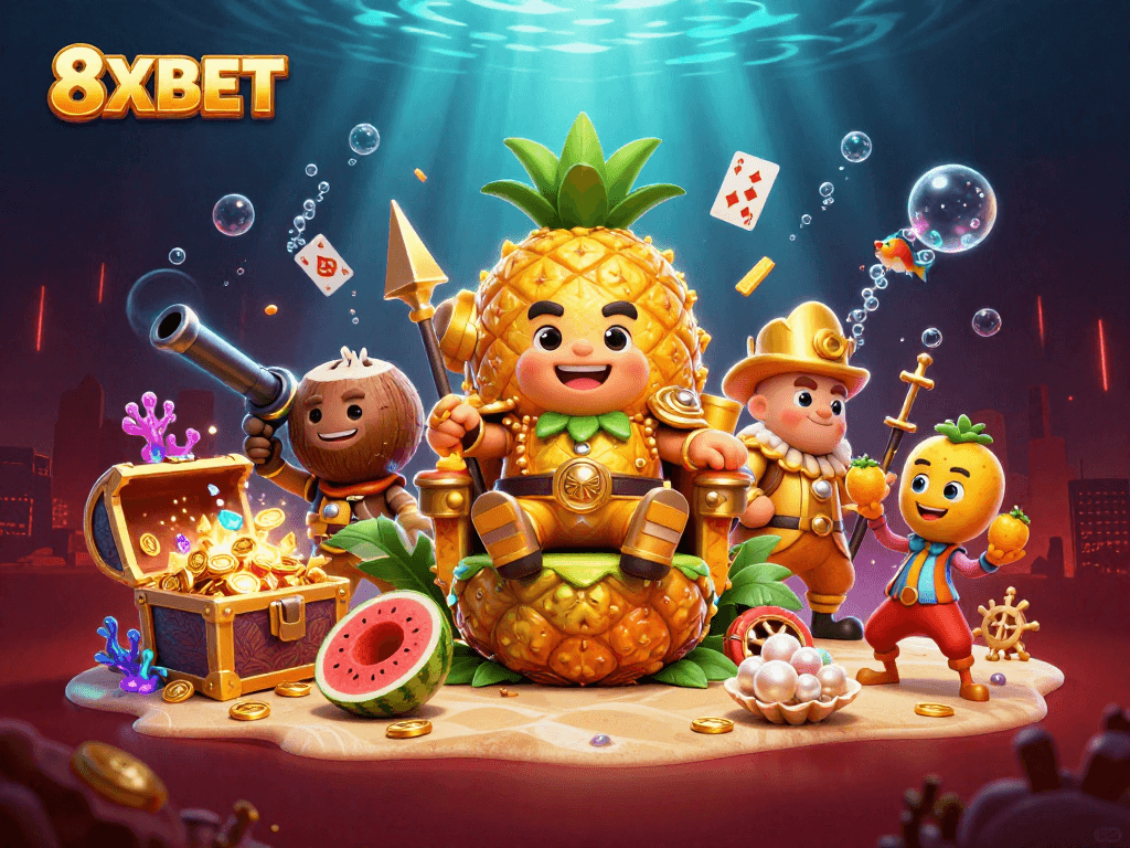 Engage with 8XBET through exciting beach casino fun featuring golden characters and action elements.