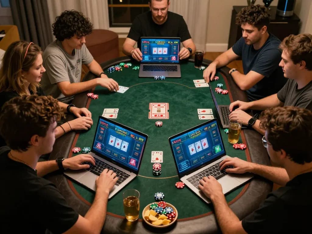 Engaged players enjoying a gameradar poker night online with friends, showcasing vibrant game setups and lively atmosphere.