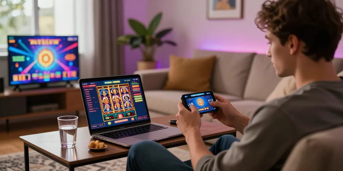 Engaging player enjoying a credit card casino experience on smartphone and laptop in a cozy living room.