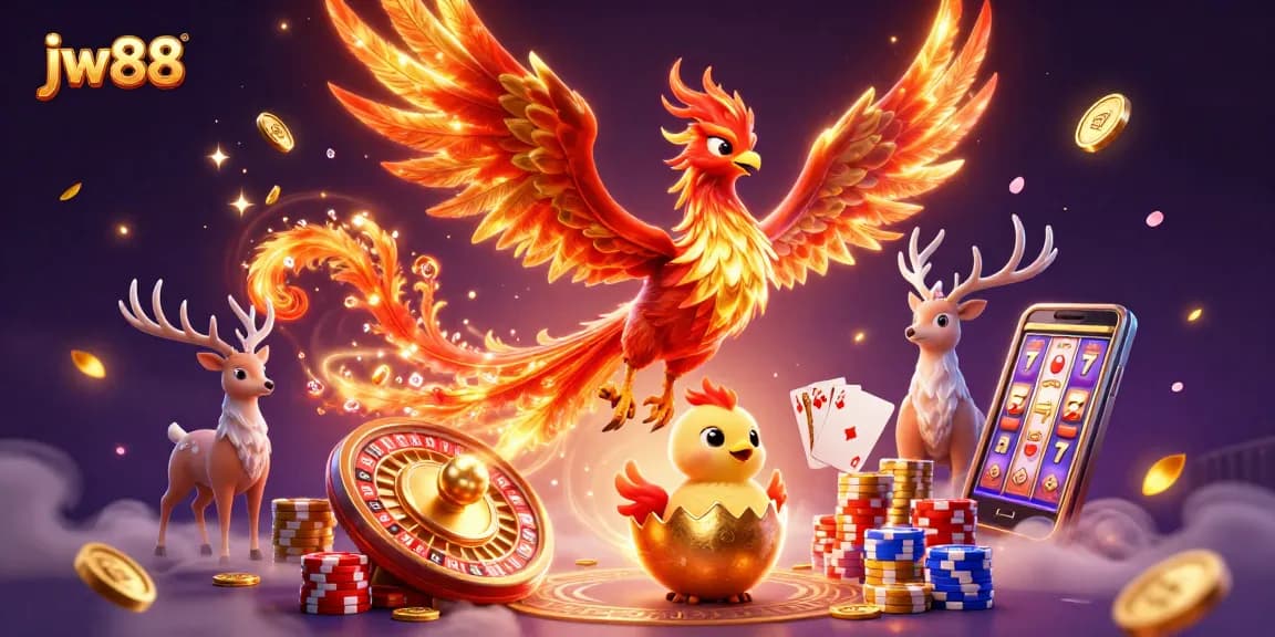 Engage in thrilling gameplay at jw88 with a vibrant phoenix and sparkling casino elements.