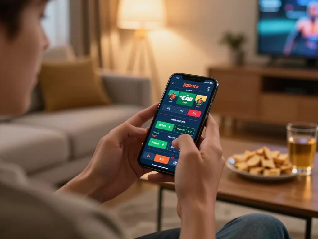 Engaged bettor using a smartphone to place bets on 56WIN in a cozy living room setting
