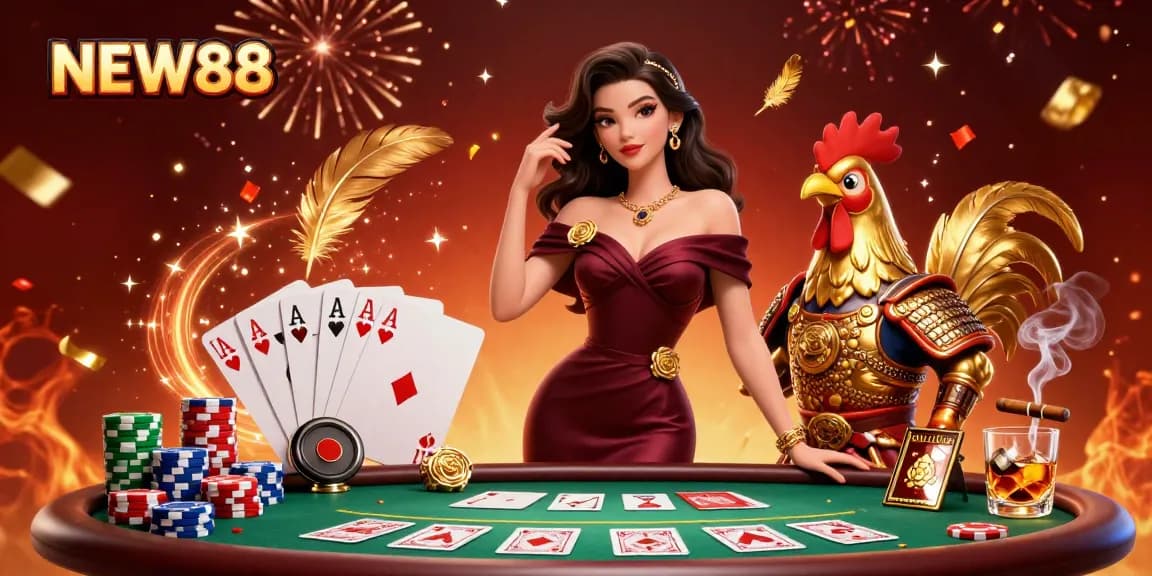 Experience the thrill of NEW88 with a glamorous woman and golden rooster warrior in a vibrant casino setting.