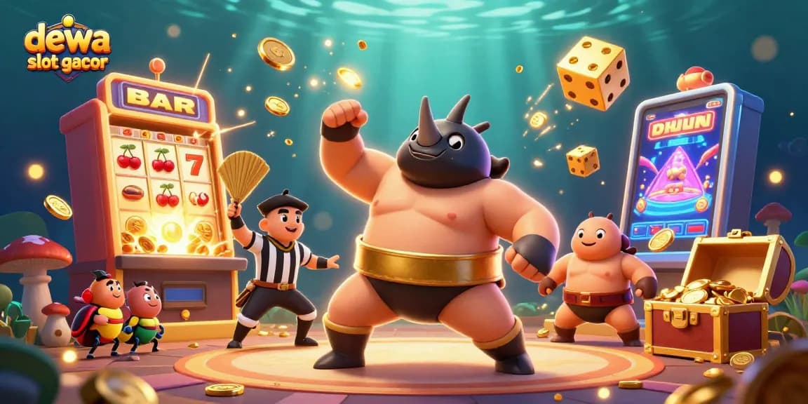Memenangkan dewa slot gacor dengan ilustrasi kasino yang berwarna dan dinamis, menampilkan karakter unik di dalam perayaan kemenangan.
