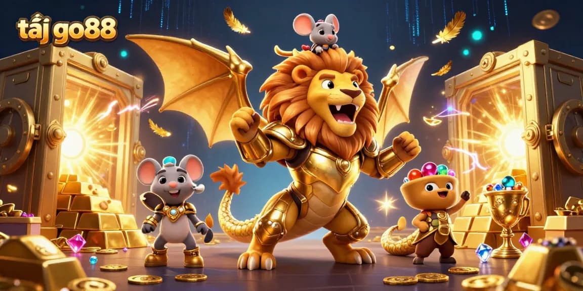 Tải go88 with a roaring chimera in golden armor surrounded by treasures and jackpots
