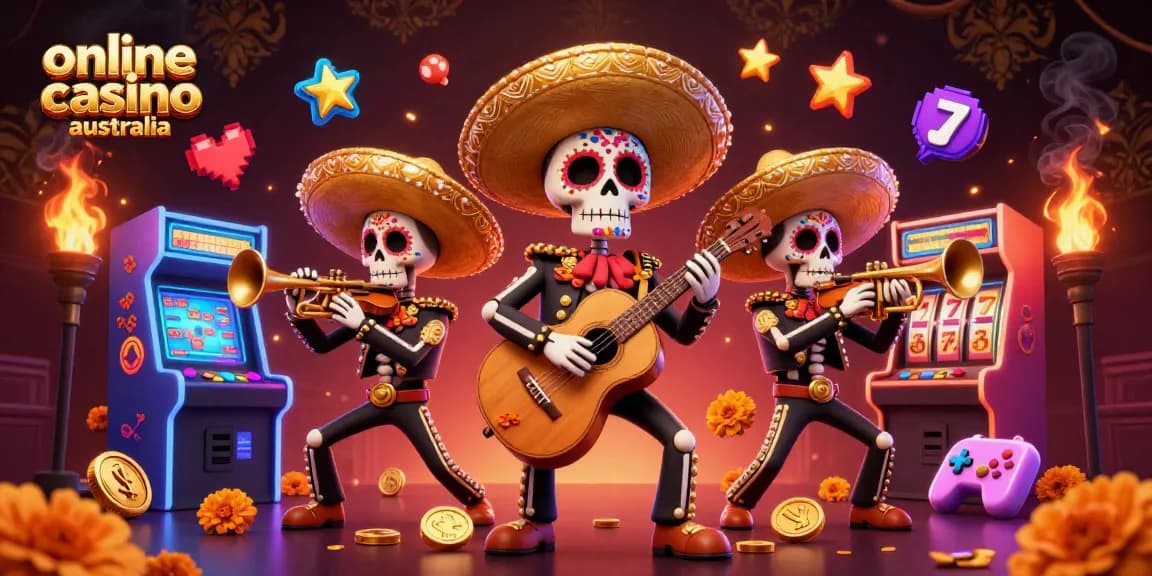 Experience the excitement of online casino Australia with vibrant skeleton mariachi characters amidst thrilling gaming elements.