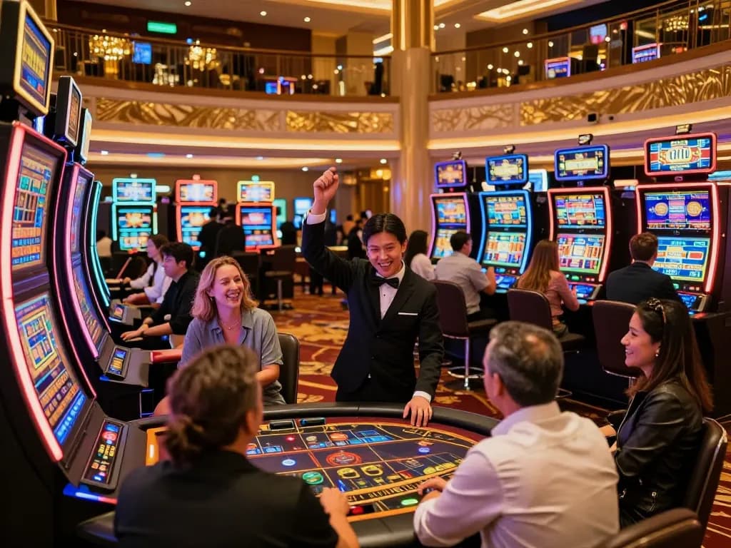 J188 players engaging in vibrant casino gaming with excitement and dynamic activities