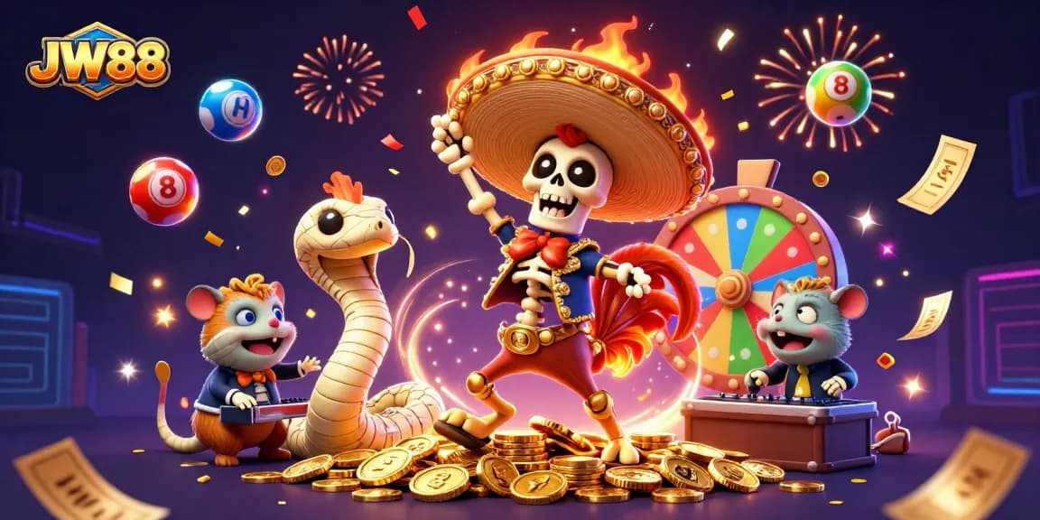 Experience the excitement of JW88 with a vibrant 3D casino celebration featuring unique characters and energetic gaming elements.