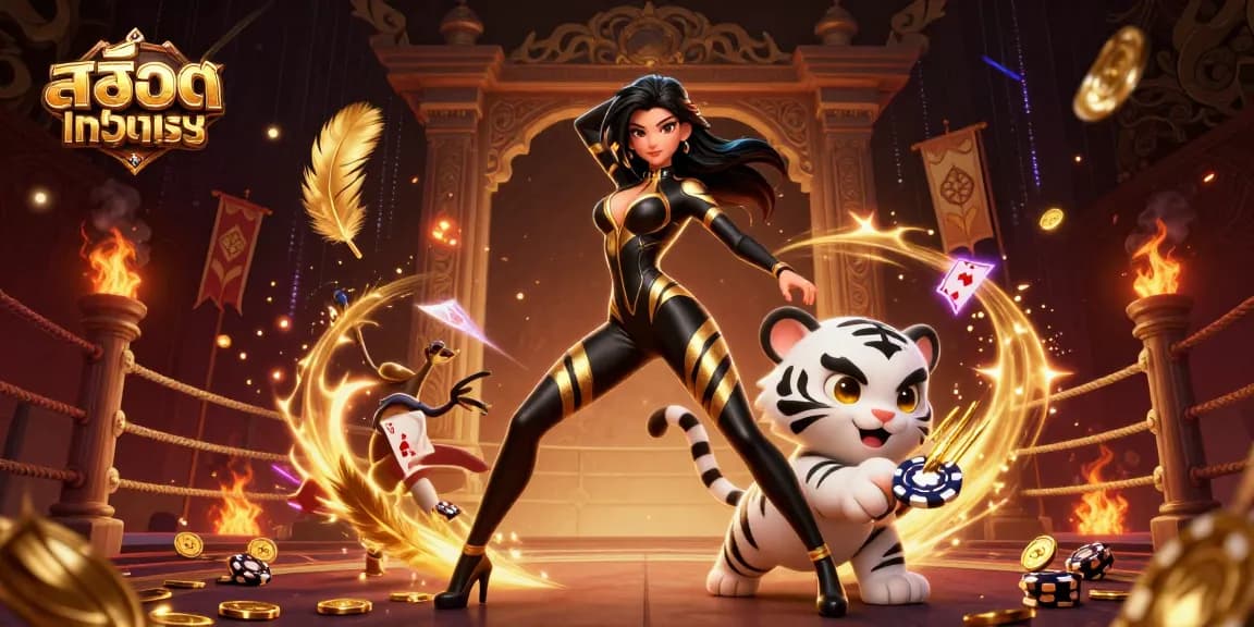 Experience thrilling gaming with สล็อตทดลอง showcasing an acrobatic woman and baby tiger with poker chips.
