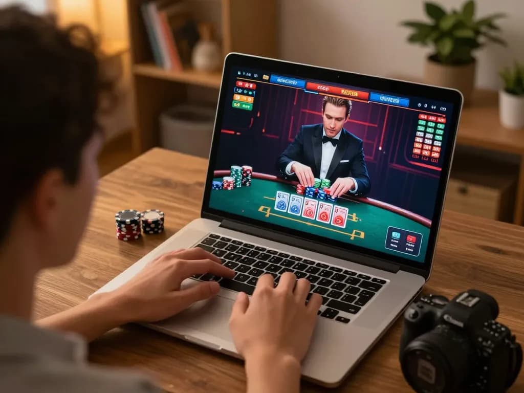 Engaging session at an online casino with Nhà cái uy tín prominently featured, showcasing responsible gaming on a laptop.