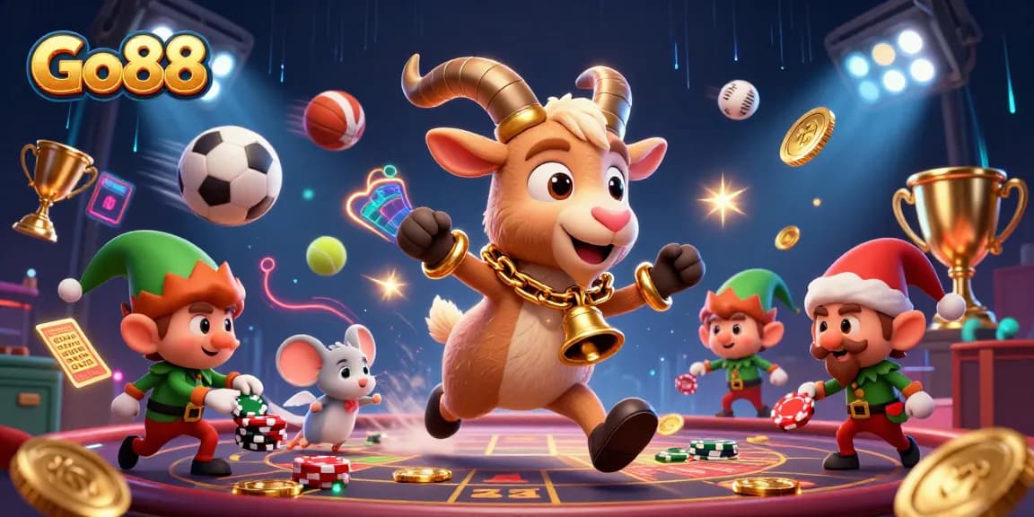Go88 showcases a lively casino scene with a Krampus goat, an angel mouse, and gremlins interacting amid vibrant gambling elements.