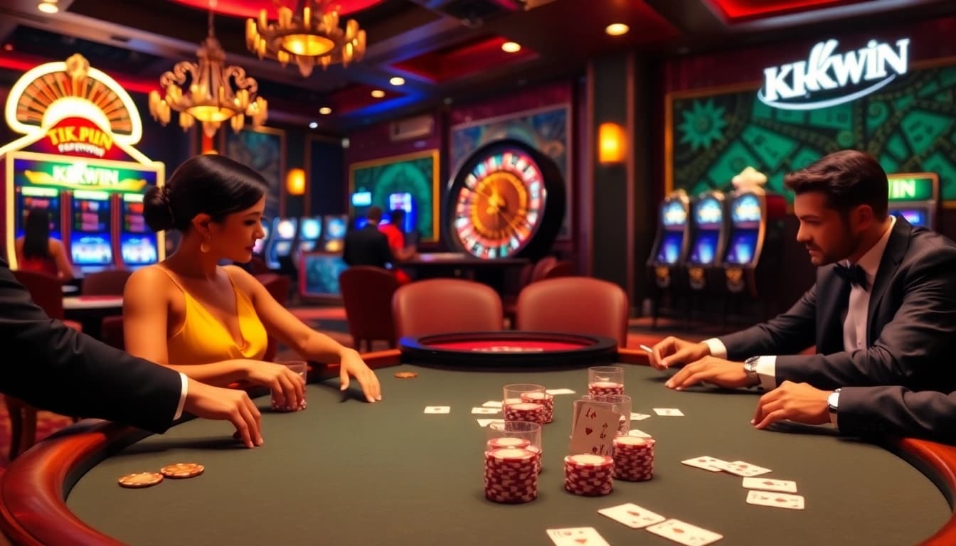 Betting action at KKWIN with players enjoying poker and online games at a luxurious casino.