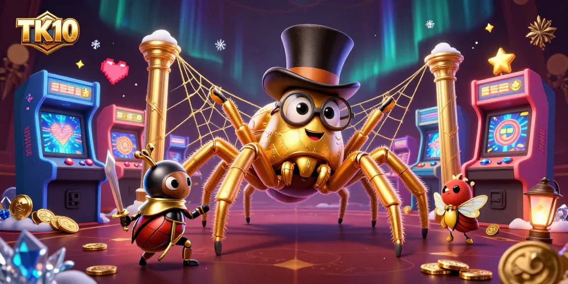 Experience thrilling gaming action with TK10 at a vibrant 3D casino scene showcasing unique characters and games.