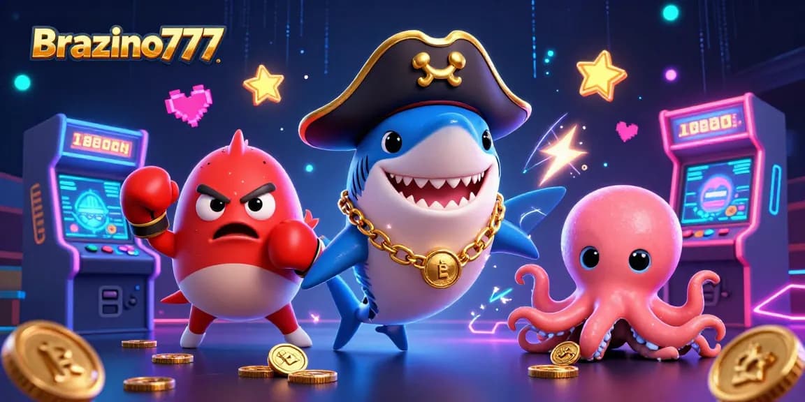 Brazino777 pirate shark, pufferfish, and octopus explore a vibrant casino scene filled with games and gold.