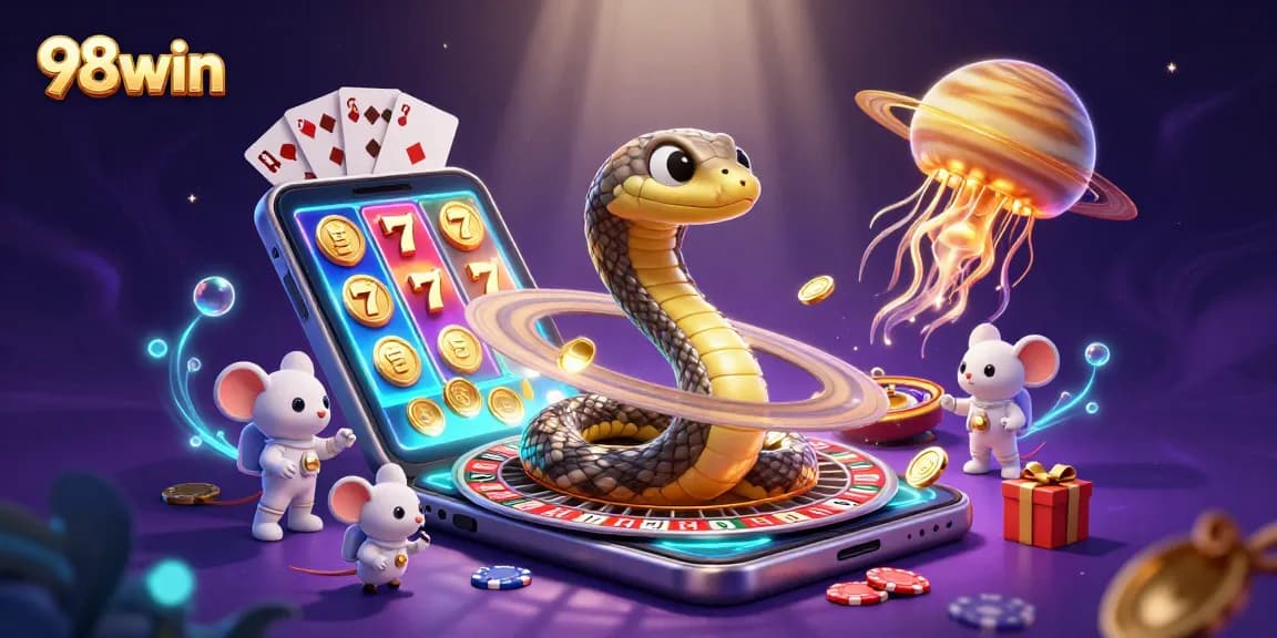 Engage with the thrilling new world of 98win, featuring vibrant casino elements with astronaut mice and cosmic dealer.