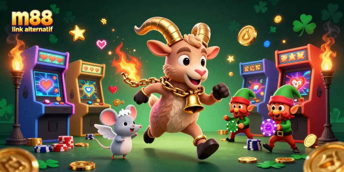 Engage with m88 link alternatif in a dynamic casino scene brimming with festive cartoon characters and gaming elements.