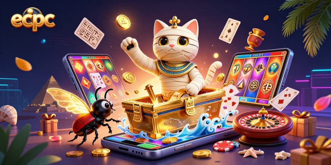 Spin reels, earn jackpots at ecpc's Egyptian-themed casino illustration with vibrant gaming action.
