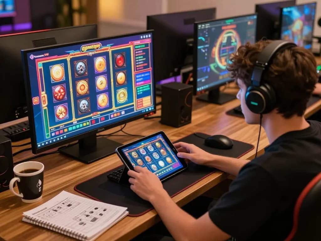 Player enjoying slots not on gamstop on tablet, showcasing a vibrant online gaming setup