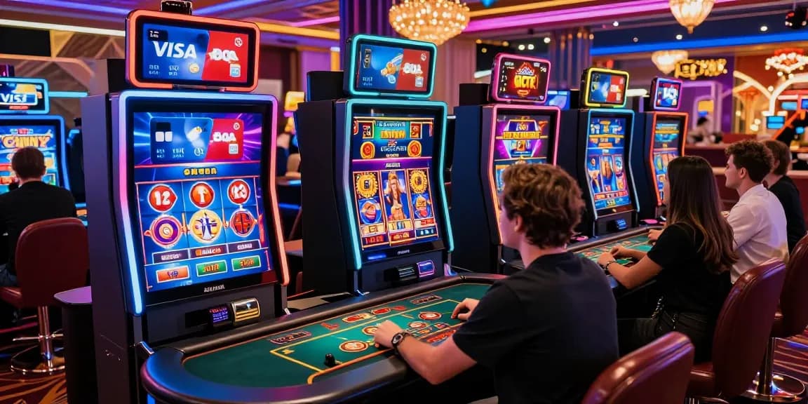 Players enjoying games at casinos that accept credit cards, featuring Visa and Mastercard prominently on-screen.