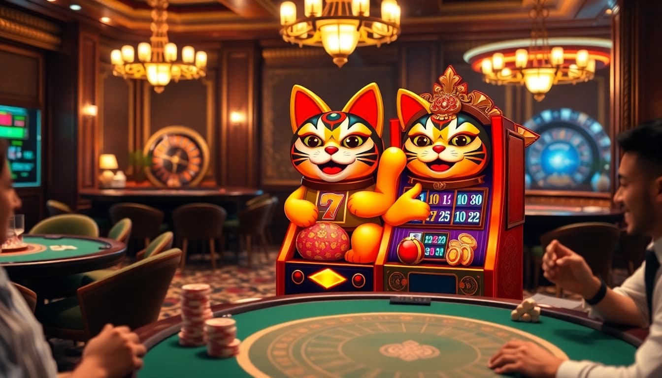 Gambling excitement with the Lucky Neko PG Soft แมวนำโชค slot machine in a vibrant casino setting.