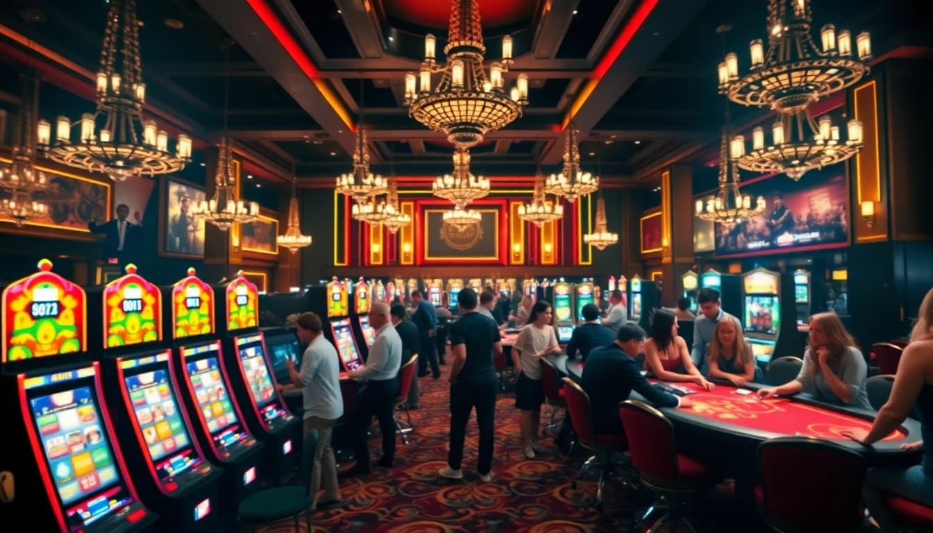 Spielen und gewinnen bei casinospiele.de im lebhaften Casino-Ambiente mit bunten Spieltischen.