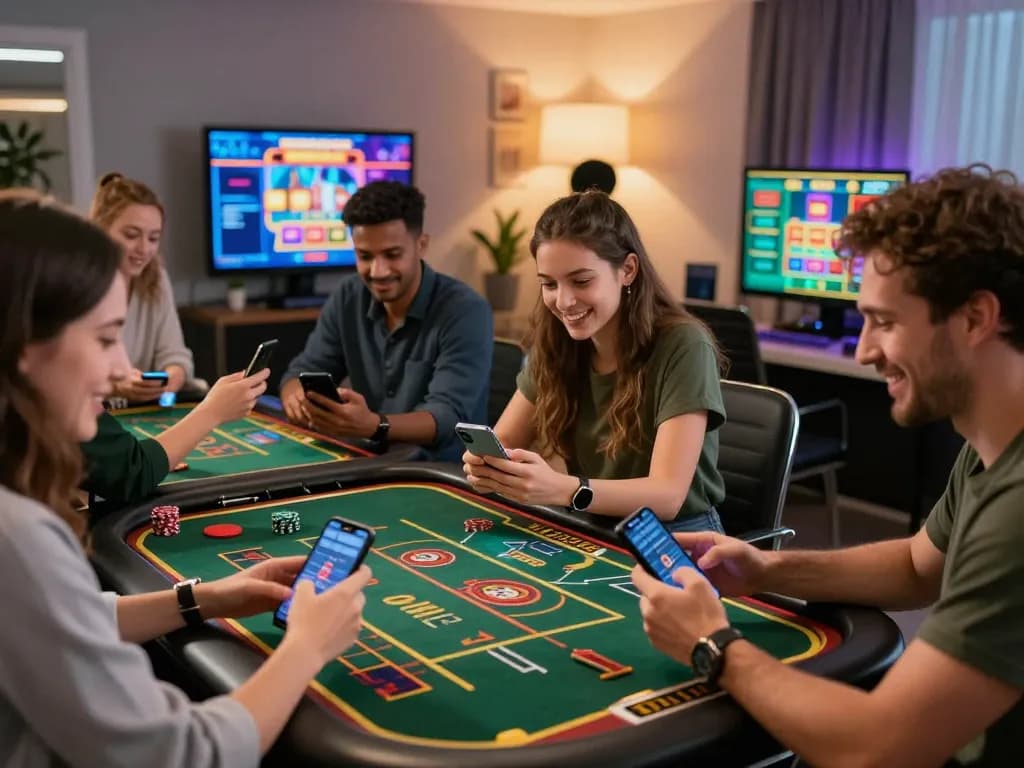 CasinoAtlas showcases players utilizing mobile devices for online gambling strategies in a vibrant setup.