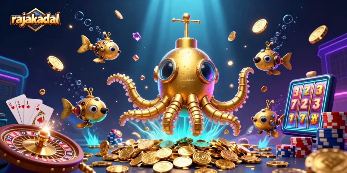Mainkan rajakadal dengan ilustrasi uang emas yang melimpah dan mesin slot beruntung.