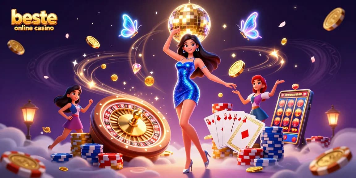 Engaging scene from beste online casino featuring a glamorous woman celebrating amidst casino elements.