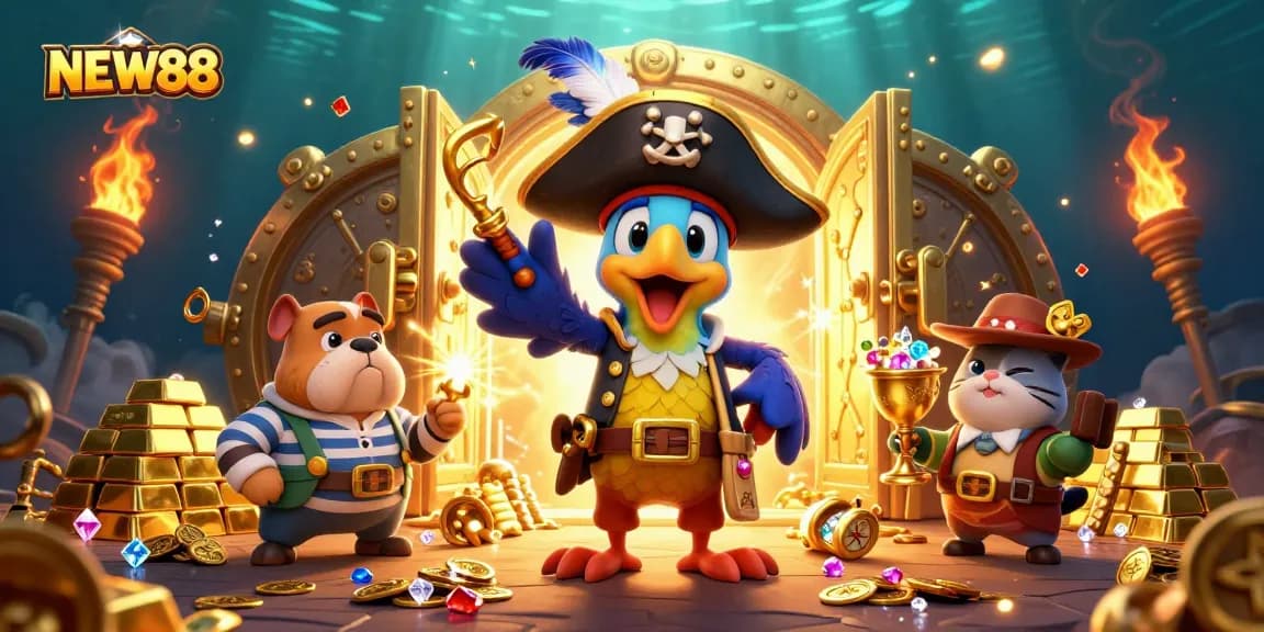 Experience thrilling wins at NEW88 with animated casino characters amid treasure and excitement.