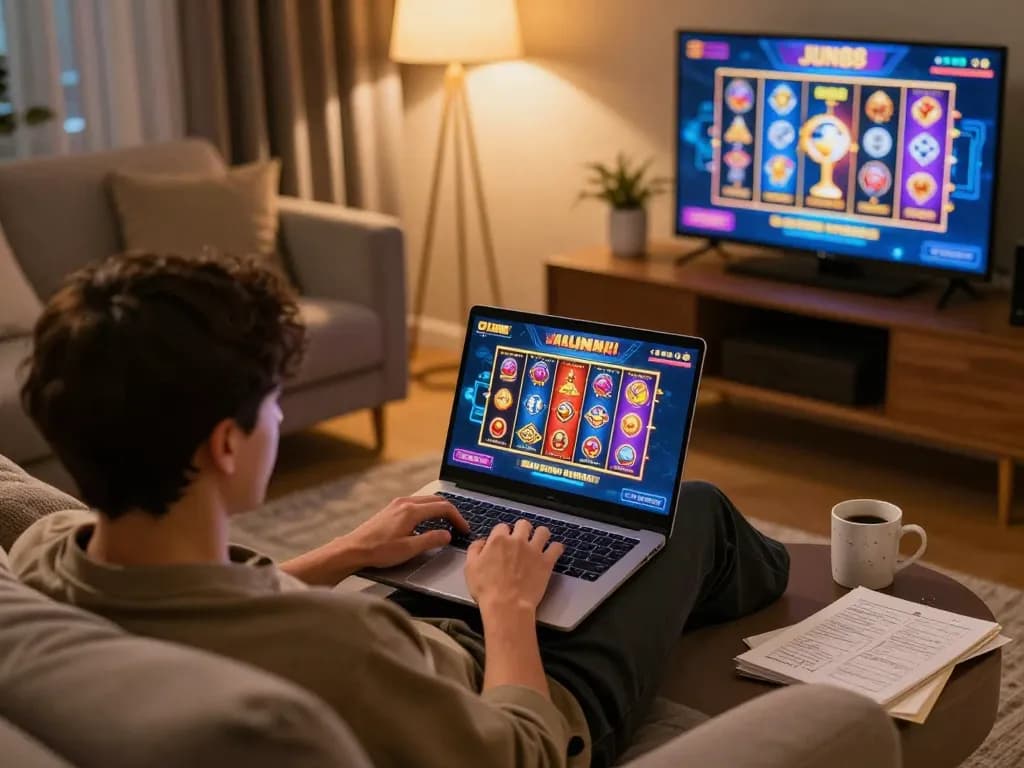 Player engaging in online gameplay at Jun88, showcasing a vibrant slot game interface in a cozy home setting