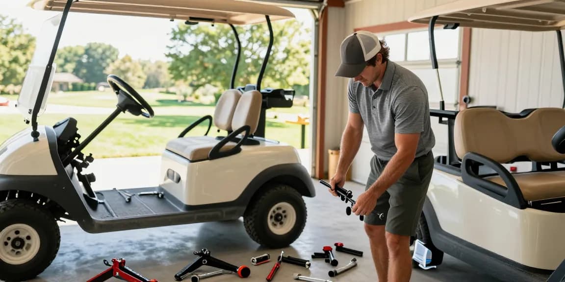 Installing a golf cart lift kit in a well-lit garage, showcasing tools and focused craftsmanship.